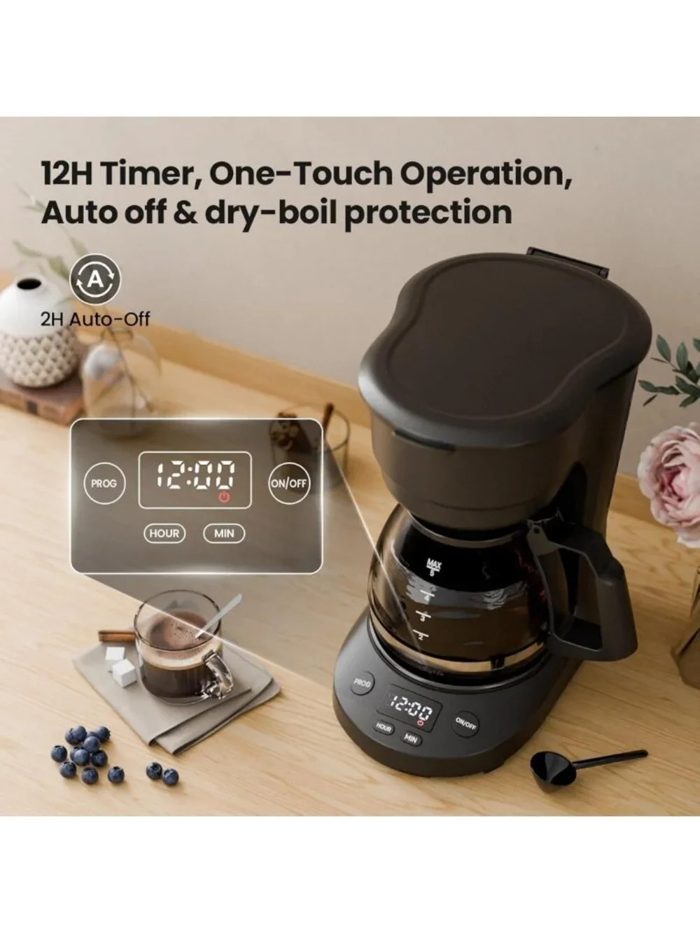 5-Cup Drip Coffee Maker with LED Display, Timer, Anti-Drip & Auto Shut-Off